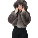 Dark sable gray fox fur jacket 42 leather full hood three-quarter sleeve zipper closure