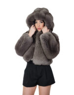 Dark sable gray fox fur jacket 42 leather full hood three-quarter sleeve zipper closure