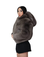 Dark sable gray fox fur jacket 42 leather full hood three-quarter sleeve zipper closure - Image 3
