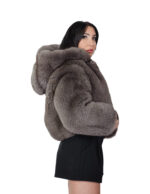 Dark sable gray fox fur jacket 42 leather full hood three-quarter sleeve zipper closure - Image 2
