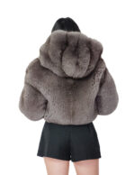 Dark sable gray fox fur jacket 42 leather full hood three-quarter sleeve zipper closure - Image 5