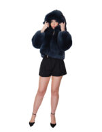 Blue fox fur bomber jacket 42 leather full hood three-quarter sleeve zipper closure - Image 4