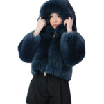 Blue fox fur bomber jacket 42 leather full hood three-quarter sleeve zipper closure