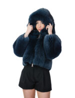 Blue fox fur bomber jacket 42 leather full hood three-quarter sleeve zipper closure