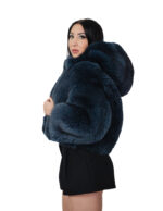 Blue fox fur bomber jacket 42 leather full hood three-quarter sleeve zipper closure - Image 2