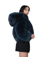 Blue fox fur bomber jacket 42 leather full hood three-quarter sleeve zipper closure - Image 3