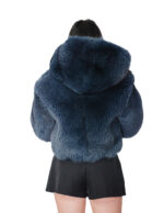 Blue fox fur bomber jacket 42 leather full hood three-quarter sleeve zipper closure - Image 5