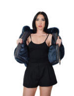 Blue fox fur bomber jacket 42 leather full hood three-quarter sleeve zipper closure - Image 6