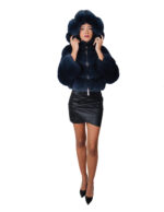 Blue fox fur bomber jacket 42 leather horizontal V-shaped hood three-quarter sleeve zipper closure - Image 4
