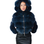 Blue fox fur bomber jacket 42 leather horizontal V-shaped hood three-quarter sleeve zipper closure