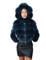 Blue fox fur bomber jacket 42 leather horizontal V-shaped hood three-quarter sleeve zipper closure