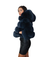 Blue fox fur bomber jacket 42 leather horizontal V-shaped hood three-quarter sleeve zipper closure - Image 2