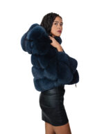 Blue fox fur bomber jacket 42 leather horizontal V-shaped hood three-quarter sleeve zipper closure - Image 3