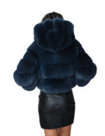 Blue fox fur bomber jacket 42 leather horizontal V-shaped hood three-quarter sleeve zipper closure - Image 5
