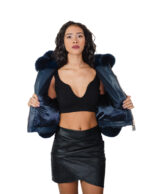 Blue fox fur bomber jacket 42 leather horizontal V-shaped hood three-quarter sleeve zipper closure - Image 6