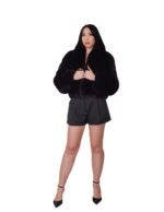 Black fox fur bomber jacket 42 leather full chest and lapel three-quarter sleeve clip hooks closure - Image 4