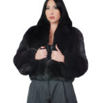 Black fox fur bomber jacket 42 leather full chest and lapel three-quarter sleeve clip hooks closure