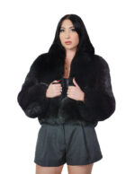 Black fox fur bomber jacket 42 leather full chest and lapel three-quarter sleeve clip hooks closure