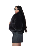 Black fox fur bomber jacket 42 leather full chest and lapel three-quarter sleeve clip hooks closure - Image 2