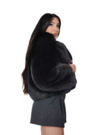Black fox fur bomber jacket 42 leather full chest and lapel three-quarter sleeve clip hooks closure - Image 3