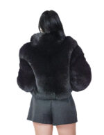Black fox fur bomber jacket 42 leather full chest and lapel three-quarter sleeve clip hooks closure - Image 5
