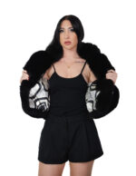 Black fox fur bomber jacket 42 leather full chest and lapel three-quarter sleeve clip hooks closure - Image 6