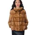 Mink fur jacket 44 blonde gold light long sleeve horizontal high drawstring waist track collar