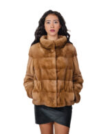 Mink fur jacket 44 blonde gold light long sleeve horizontal high drawstring waist track collar