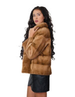 Mink fur jacket 44 blonde gold light long sleeve horizontal high drawstring waist track collar - Image 2