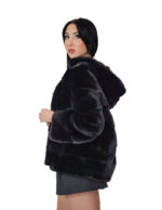 Mink fur jacket 42 black black long sleeve horizontal hood drawstring waist - Image 3