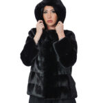 Mink fur jacket 42 black black long sleeve horizontal hood drawstring waist
