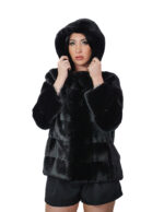 Mink fur jacket 42 black black long sleeve horizontal hood drawstring waist