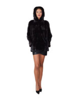 Fur-trimmed mink coat 42 black horizontal long sleeve outer pockets and hook-and-eye fasteners - Image 4