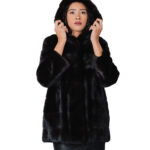Fur-trimmed mink coat 42 black horizontal long sleeve outer pockets and hook-and-eye fasteners