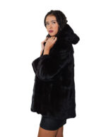 Fur-trimmed mink coat 42 black horizontal long sleeve outer pockets and hook-and-eye fasteners - Image 3