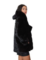 Fur-trimmed mink coat 42 black horizontal long sleeve outer pockets and hook-and-eye fasteners - Image 2