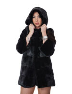 Coat 80cm unfolded mink fur coat black 42 horizontal three-quarter sleeve hood