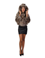 Silver fox fur jacket 42 with brown shades long sleeve and hood closure hooks pockets - Image 3