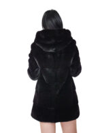 Coat 80cm unfolded mink fur coat black 42 horizontal three-quarter sleeve hood - Image 5