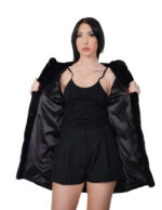 Coat 80cm unfolded mink fur coat black 42 horizontal three-quarter sleeve hood - Image 6