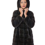Horizontal mink fur coat 44 graphite gray long 82 centimeters long sleeve outside pockets hood