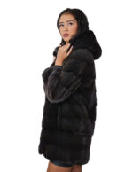 Горизонтальная норковая шуба 44 графитово-серый 82 см длинный рукав длинные внешние карманы капюшон — изображение 3