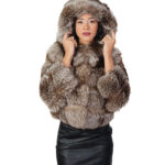 Silver fox fur jacket 42 with brown shades long sleeve and hood closure hooks pockets