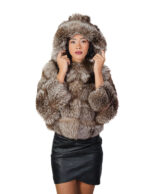 Silver fox fur jacket 42 with brown shades long sleeve and hood closure hooks pockets