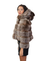 Silver fox fur jacket 42 with brown shades long sleeve and hood closure hooks pockets - Image 2