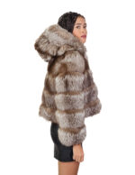 Silver fox fur jacket 42 with brown shades long sleeve and hood closure hooks pockets - Image 4