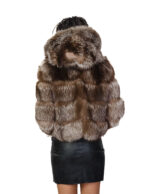 Silver fox fur jacket 42 with brown shades long sleeve and hood closure hooks pockets - Image 5