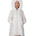 White diamond-patterned down jacket size 46 with flared hem, side zips at the bottom of the cuff, wool hood, fox trim