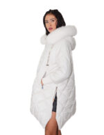White diamond-patterned down jacket size 42 with flared hem, side zip fastening at the bottom of the cuff, wool hood, fox trim - Image 2