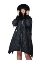 Black diamond-patterned down jacket size 52 with flared hem, side zip fastening at the bottom of the cuff, wool hood, fox trim